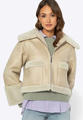 Wittchen Woman Kort Damesjack met Imitatiebont, Lichtbeige, Eco-leer
