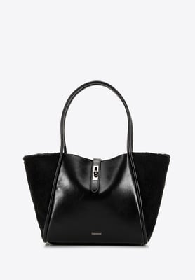 Wittchen Dames shopper met bontinzetstukken, zwart, eco-leer