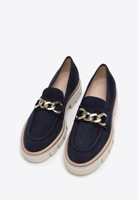 Wittchen Dames Suède Loafers met Ketting op Platform Marineblauw Suède Leer