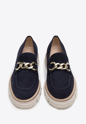 Wittchen Dames Suède Loafers met Ketting op Platform Marineblauw Suède Leer