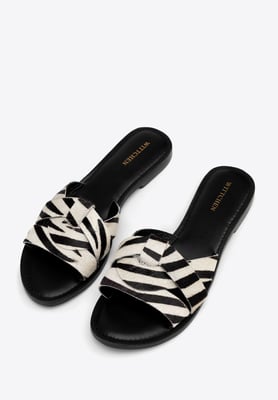 Wittchen Dames leren slippers met dierenprint in zwart en beige, natuurlijk leer