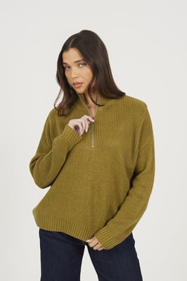 Olive Half Zip Funnel Neck Fisherman Knit Jumper