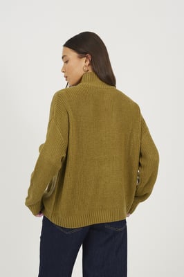 Olive Half Zip Funnel Neck Fisherman Knit Jumper