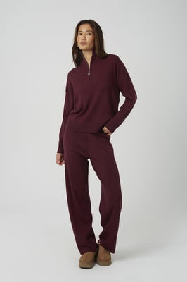 Wine Knitted Zip Neck Jumper And Trouser Set