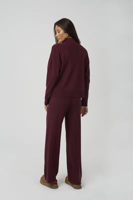 Wine Knitted Zip Neck Jumper And Trouser Set
