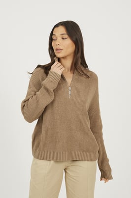 Beige Half Zip Funnel Neck Fisherman Knit Jumper