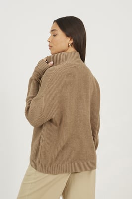 Beige Half Zip Funnel Neck Fisherman Knit Jumper