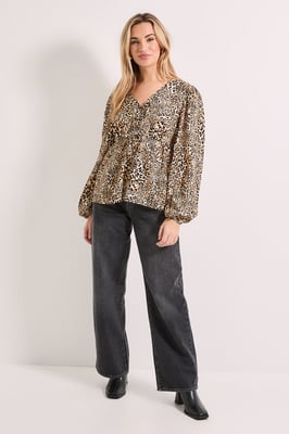 Animal Tie Front Long Sleeve Printed Blouse