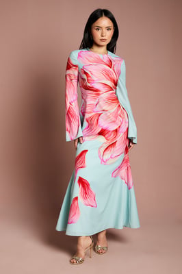 Petite Flare Sleeve High Neck Satin Maxi Dress