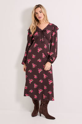 Chocolate Ditsy Contrast Bow Detail Frill Printed Midaxi Dress