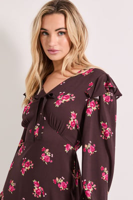 Chocolate Ditsy Contrast Bow Detail Frill Printed Midaxi Dress
