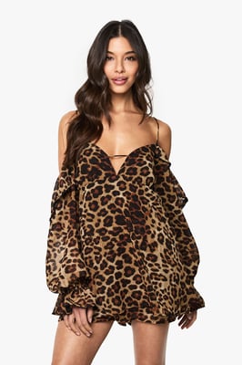 Leopard Chiffon Cold Shoulder Ruffle Playsuit