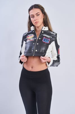 PU Leather Racer Patch Details cropped Jacket
