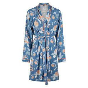 By Louise Dames kimono ochtendjas bamboe viscose blauw/oranje gebloemd