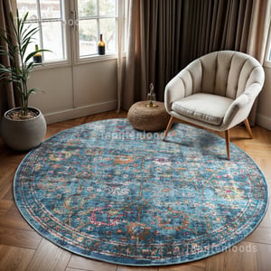 Muratap Picasso sarough vintage rond vloerkleed blauw laagpolig- 300 cm