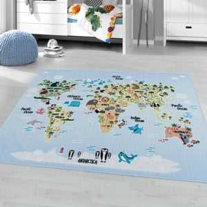 Muratap Play vloerkleed kinderkamer wereldmap laagpolig 140x200 cm