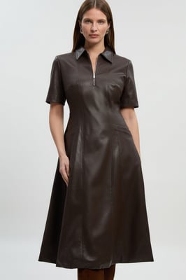 Faux Leather Collared Midi Shirt Dress