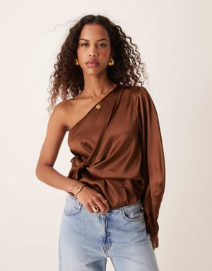 ASOS DESIGN one shoulder satin wrap bodysuit in chocolate brown