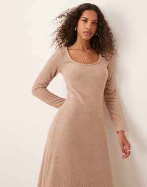 ASOS DESIGN supersoft fluffy scoop neck fit and flare midi dress in oatmeal