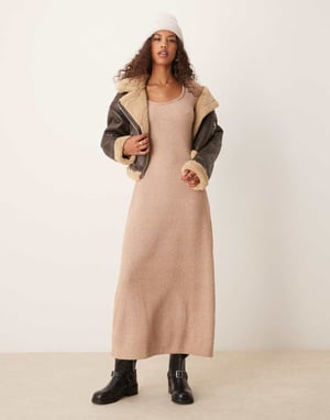 ASOS DESIGN supersoft fluffy scoop neck fit and flare midi dress in oatmeal