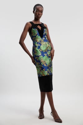 Velvet And Jacquard Contrast Strappy Tailored Midi Dress