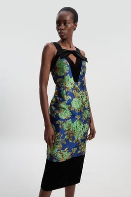 Velvet And Jacquard Contrast Strappy Tailored Midi Dress