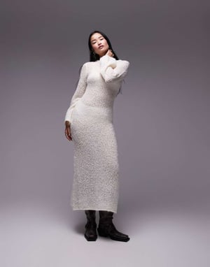 Topshop knitted open boucle maxi dress in ivory