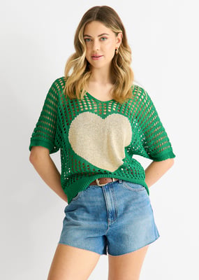 Green Fish Net Heart Pattern Crochet Top