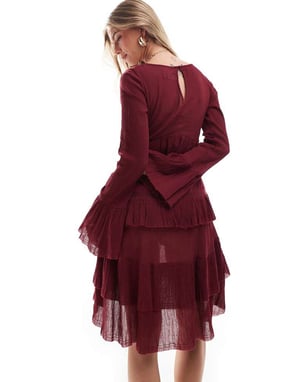 ASOS DESIGN v-neck mini dress with tiered skirt and lace detail in burgundy