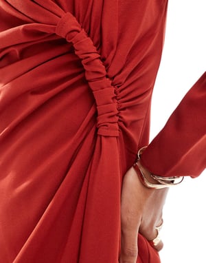 ASOS DESIGN slash neck knot detail mini dress in red ochre