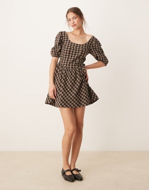 ASOS DESIGN corset waist mini smock dress in brown and black gingham