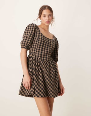 ASOS DESIGN corset waist mini smock dress in brown and black gingham