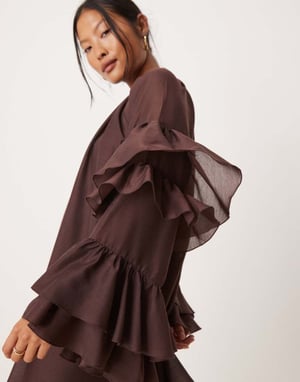 ASOS DESIGN Petite frill sleeve voile mini dress in chocolate