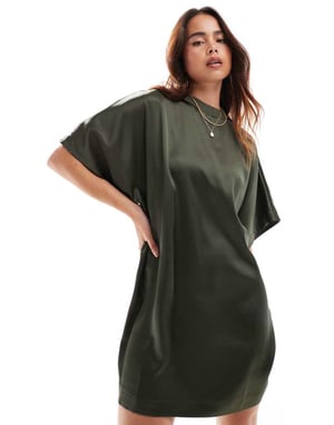 ASOS DESIGN satin oversized mini tshirt dress in khaki
