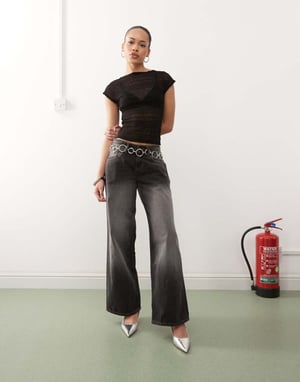 Motel roomy extra wide low rise jeans in grey used bleach
