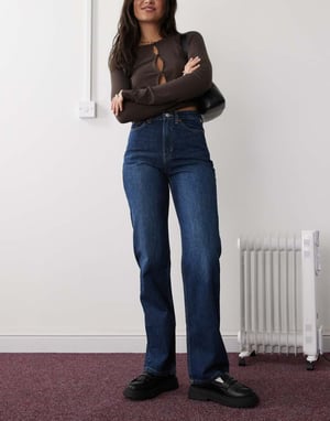 Weekday Rowe extra high waist regular fit straight leg jeans in compact blue