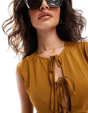 ASOS DESIGN tie front wide leg jumpsuit in brown