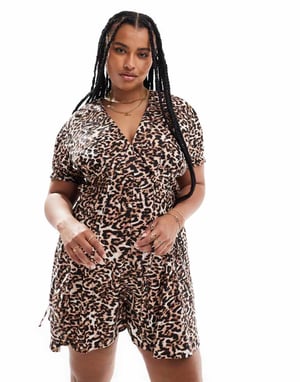 ASOS DESIGN Curve big collar puff sleeve playsuit in leopard print