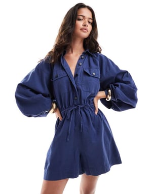 ASOS DESIGN banana sleeve cinched waist twill playsuit in navy