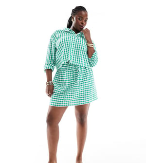 ASOS DESIGN Curve tie waist linen look skirt co-ord in green gingham