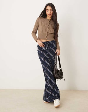 ASOS DESIGN tie waist maxi skirt in blue & pink check