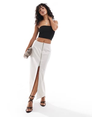 ASOS DESIGN leather look zip detail midi skirt in cream