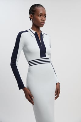 Rib Knit Polo Zip Up Midi Dress