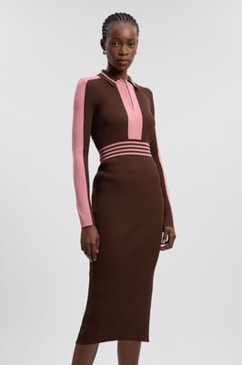 Rib Knit Polo Zip Up Midi Dress