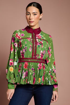 Lisa Tan Long Sleeve Pleated Printed Blouse