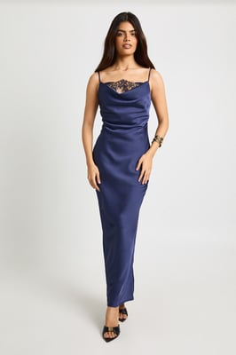 Satin Lace Cowl Neck Maxi Slip Dress
