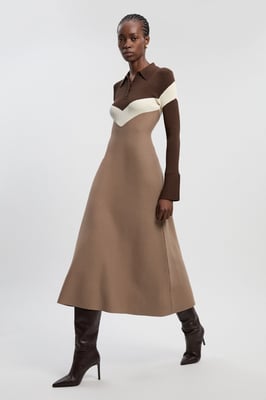 Viscose Blend Rib Knit Polo Top Maxi Dress