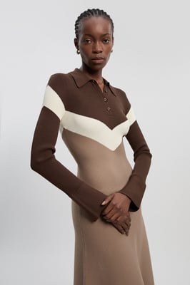 Viscose Blend Rib Knit Polo Top Maxi Dress