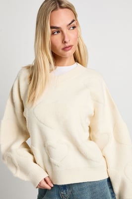 Chunky Knit V Neck Heart Print Jumper