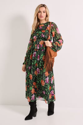 High Neck Frill Detail Printed Chiffon Midi Dress